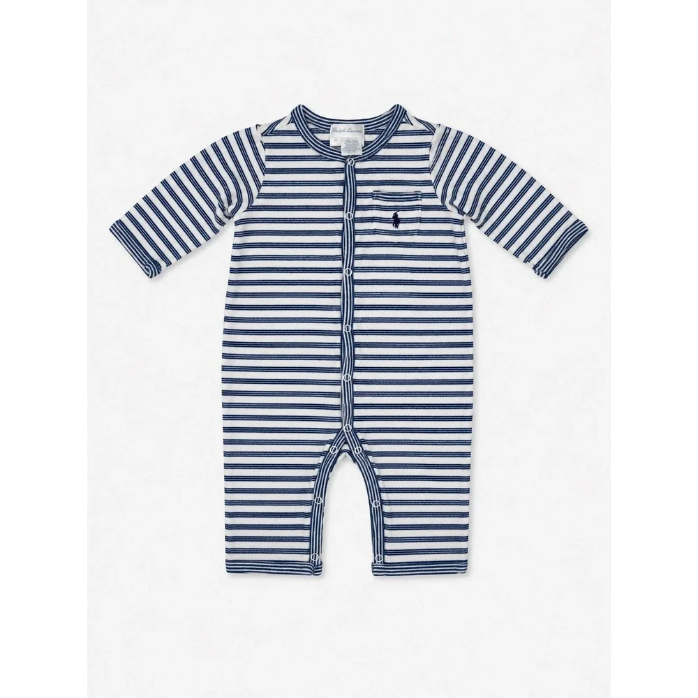 Ralph Lauren Baby Boys Blue White Striped Long Sleeve Cotton Romper 6M